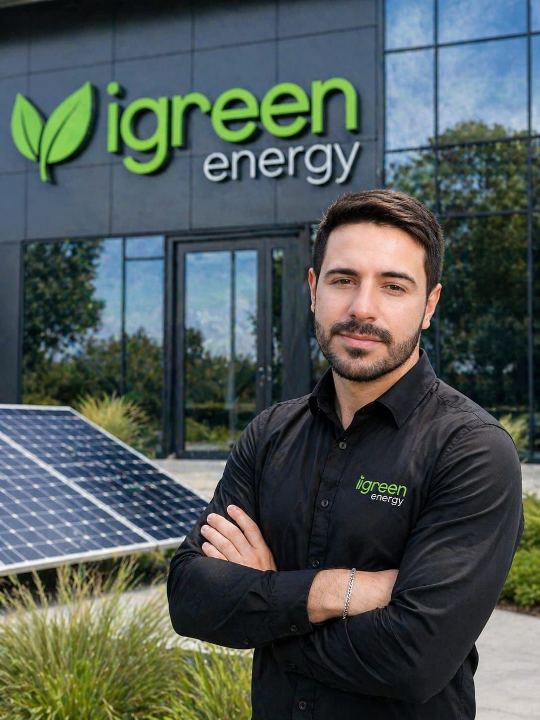 Representante iGreen Energy em frente a predio com logo da empresa e placas solares